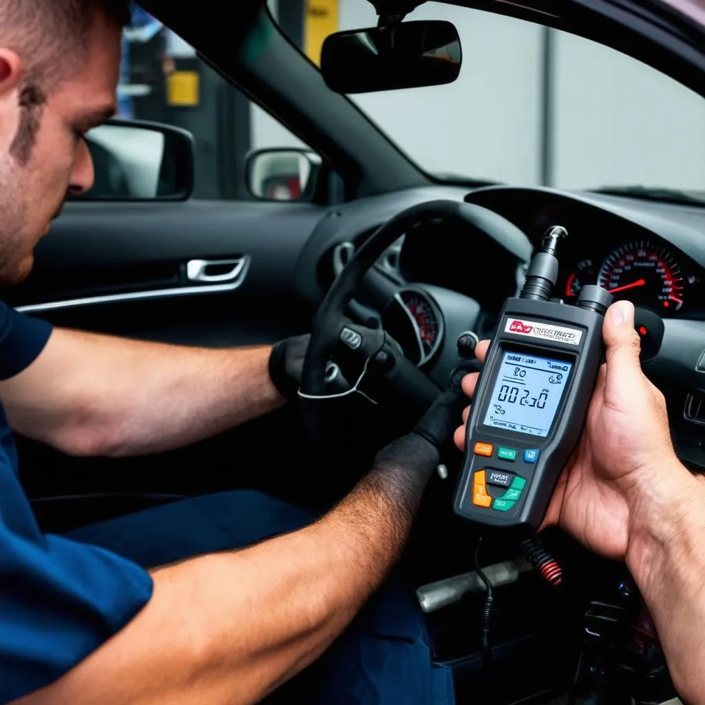 Mechanic using a professional OBD scanner to diagnose a car problem