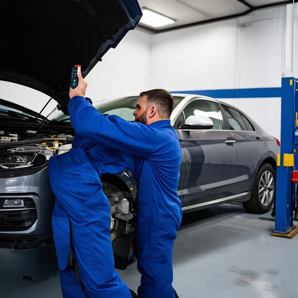 Mechanic using an OBD scanner to diagnose a car problem