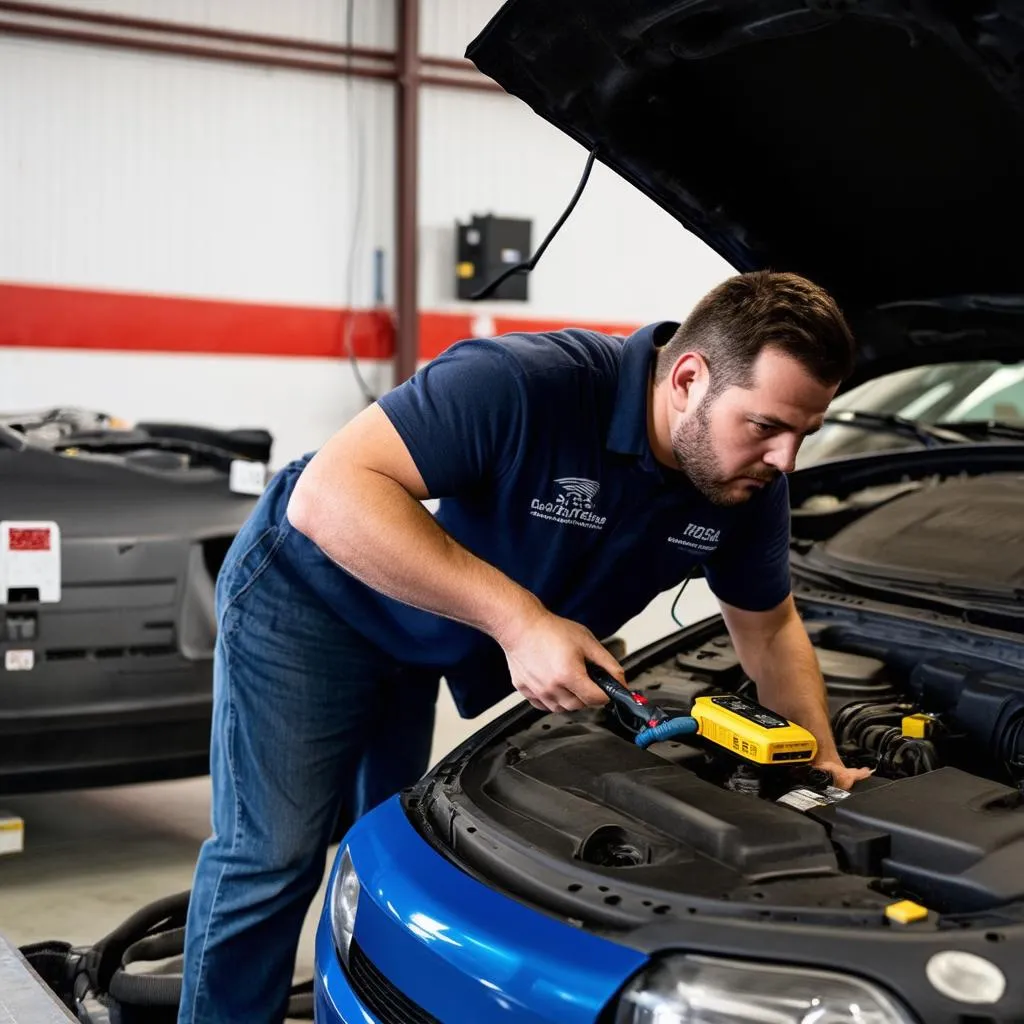 Mechanic using an OBD scanner to diagnose a car problem