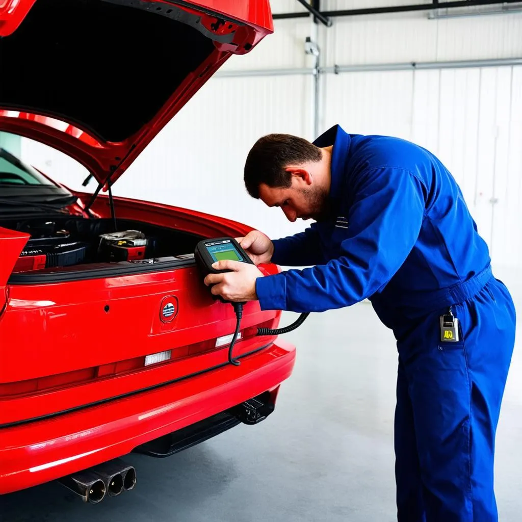 Mechanic using an OBD scanner on a car