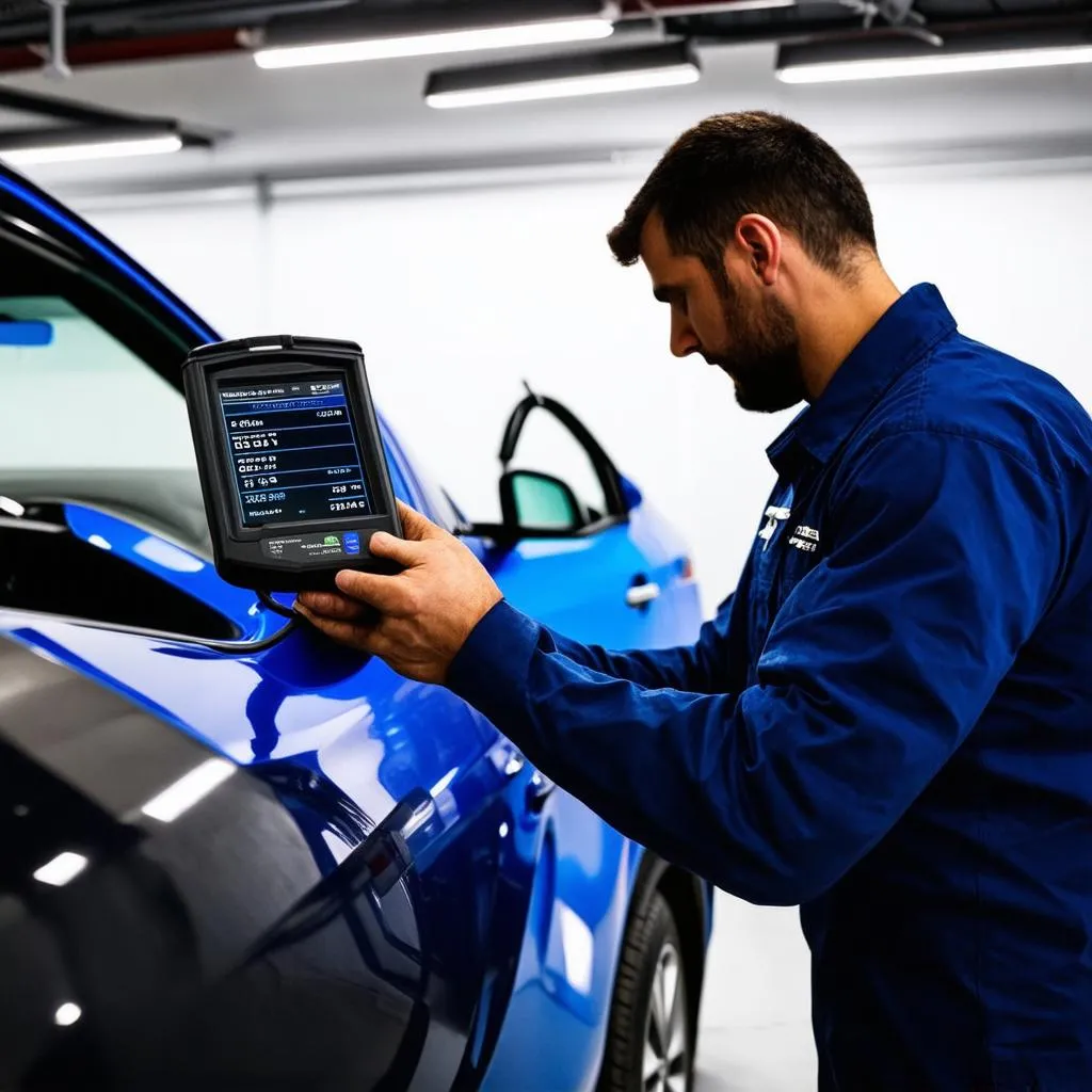 Mechanic using OBD Scanner on Mitsubishi Lancer