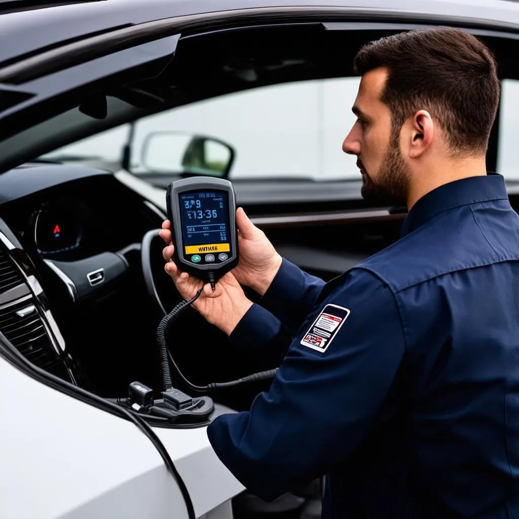 Mechanic Using OBD Scanner on European Car