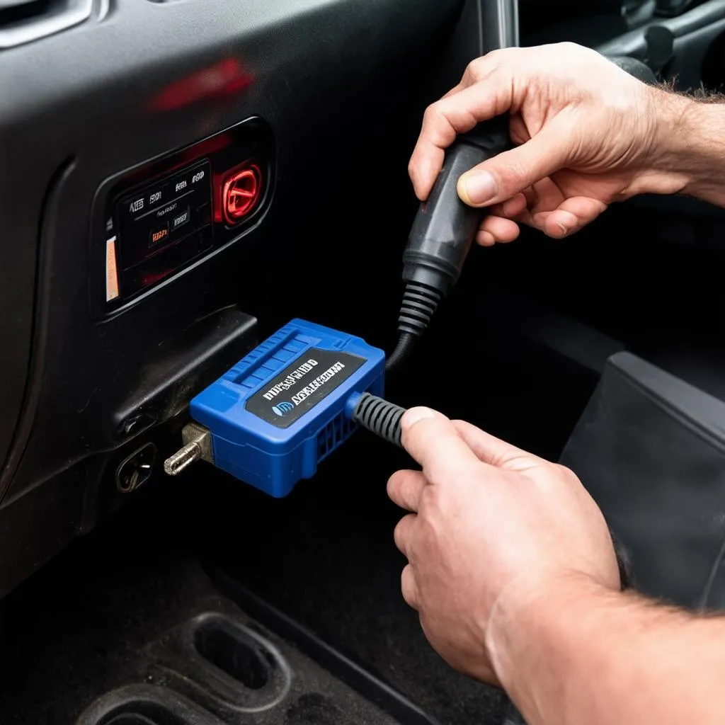 Mechanic plugging in OBD scanner