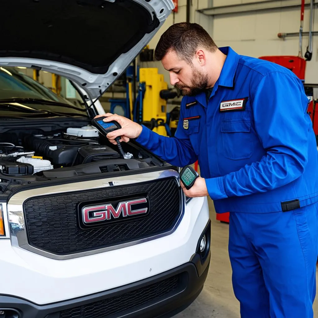 Mechanic Using OBD Scanner on GMC Terrain