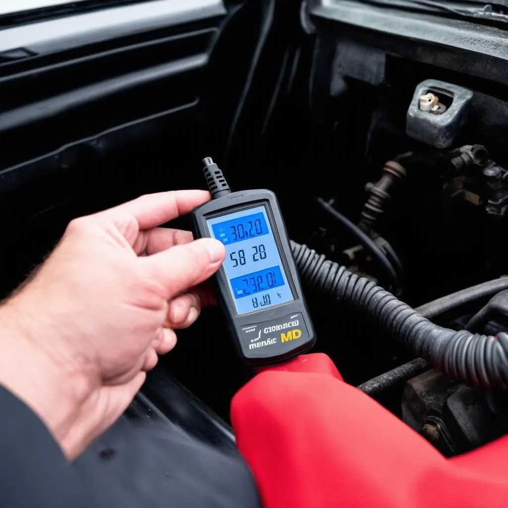 Mechanic Diagnosing a Car with an OBD Scanner