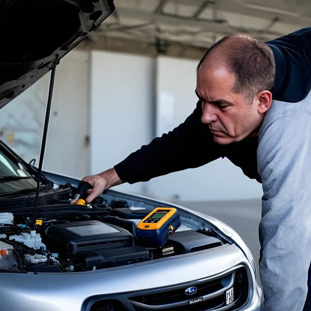 Mechanic diagnosing car issue with OBD Scanner