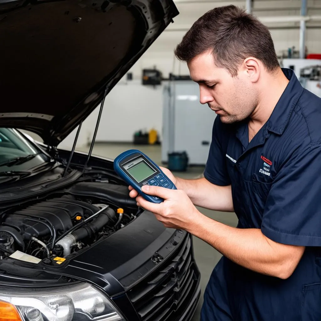 Mechanic using OBD-II scanner on a car