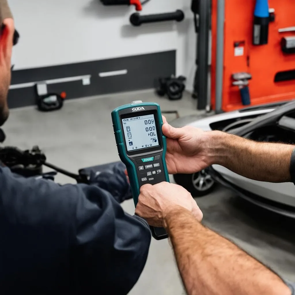 Mechanic using OBD scanner on Skoda