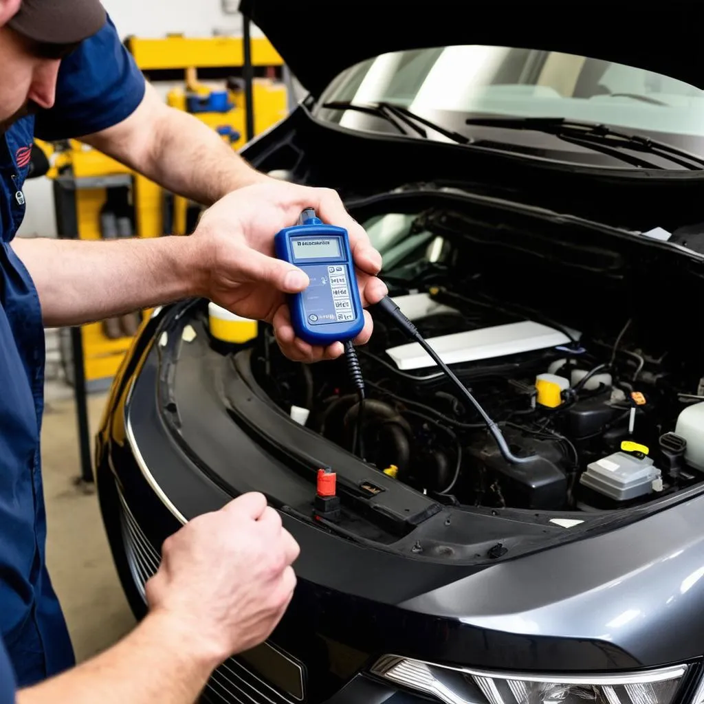 Mechanic Using OBD Scanner on Car