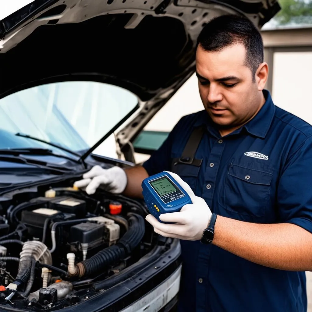 Mechanic using an OBD Scanner on a car