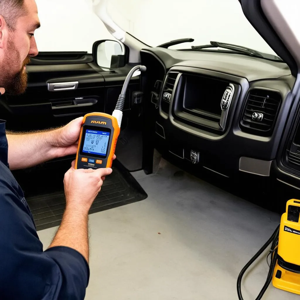 Mechanic Using OBD Scanner on Ram EcoDiesel