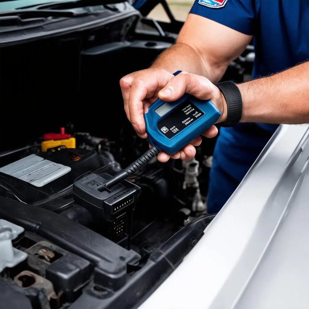 Mechanic using a diagnostic scanner on a Chrysler vehicle.