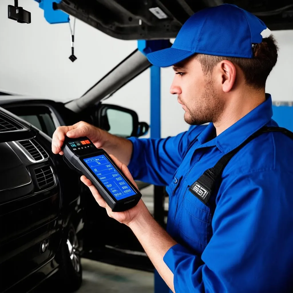 Mechanic using a diagnostic scanner on a car