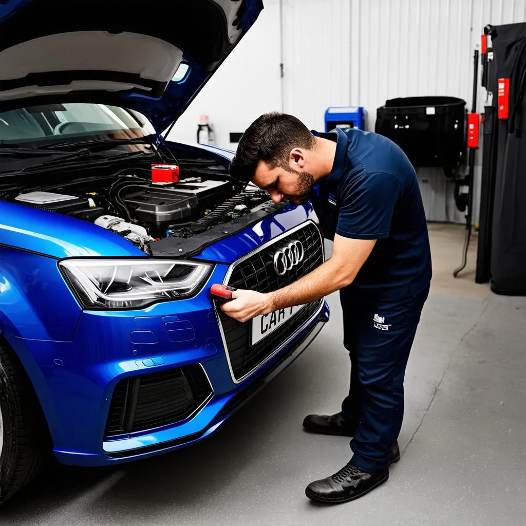 Mechanic diagnosing an Audi A4 Avant with an OBD scanner