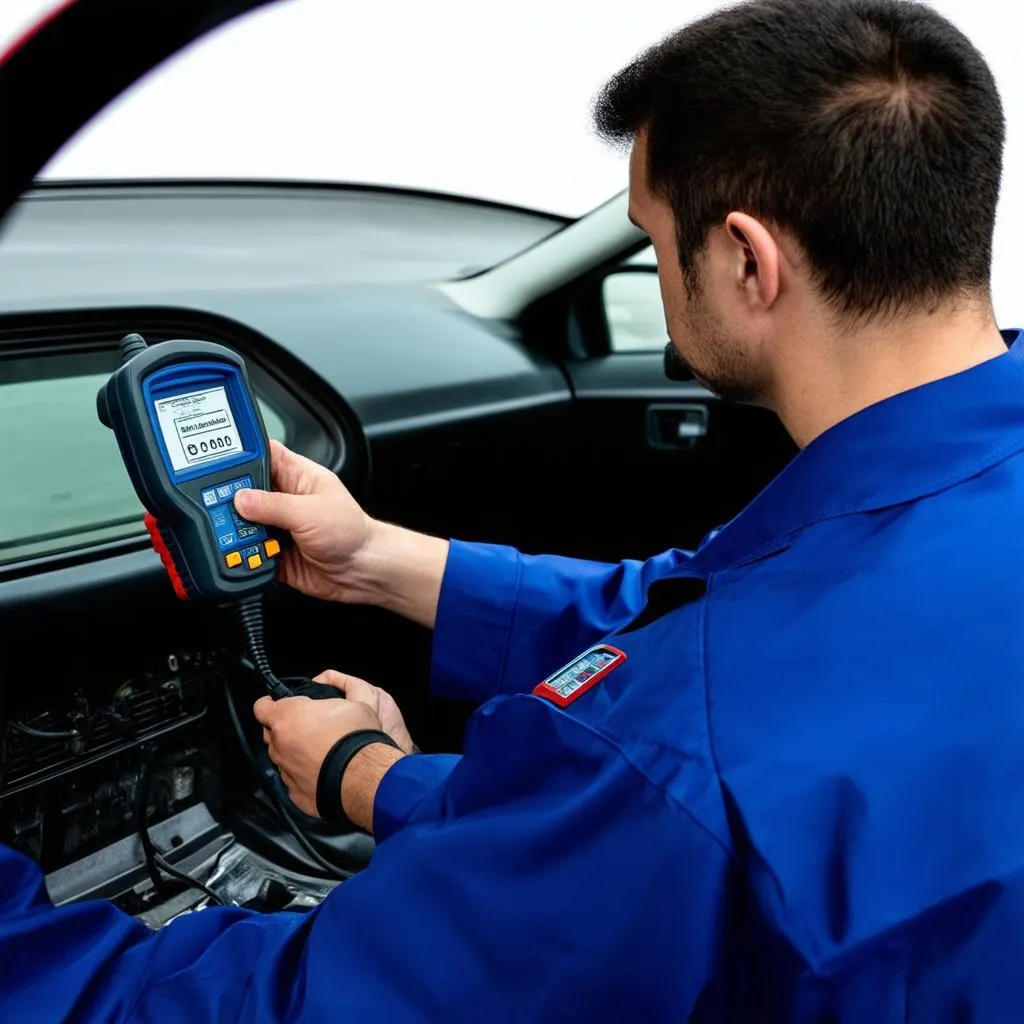 Mechanic Using OBD Scanner on Audi A4