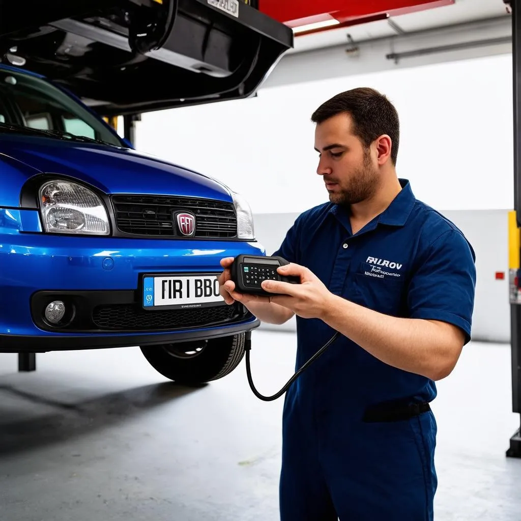 Mechanic Using OBD Scanner on Fiat Bravo