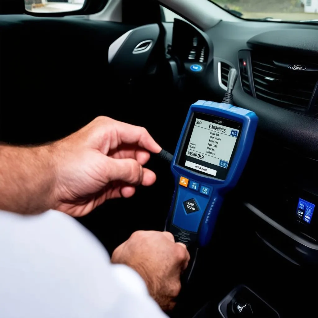 Mechanic Using OBD Scanner on Ford Grand C-Max