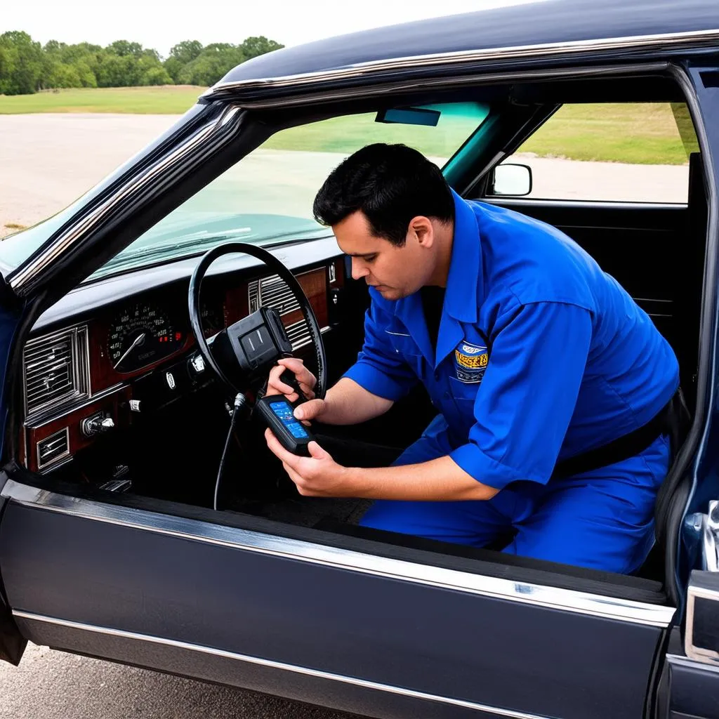 Mechanic Using OBD Scanner on a 1993 Lincoln Town Car