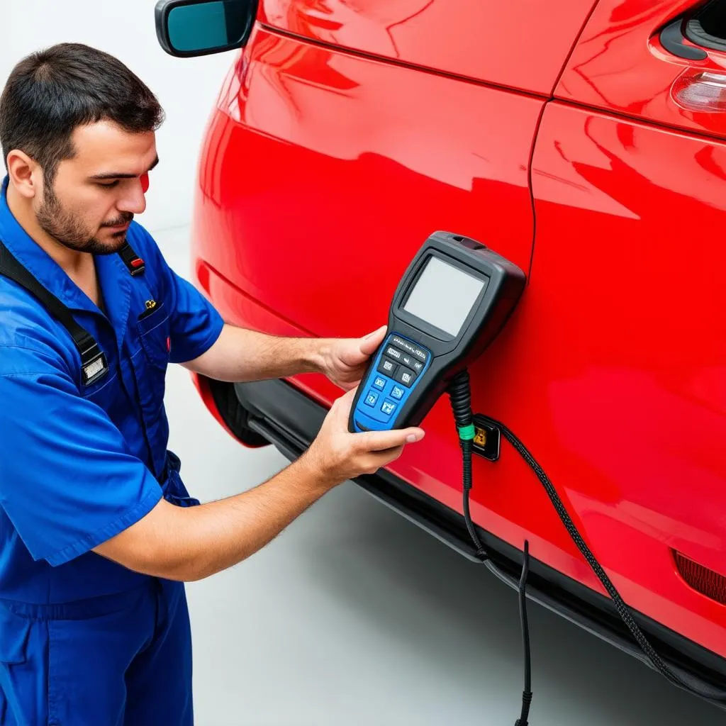 Mechanic Using OBD Scanner on a Car