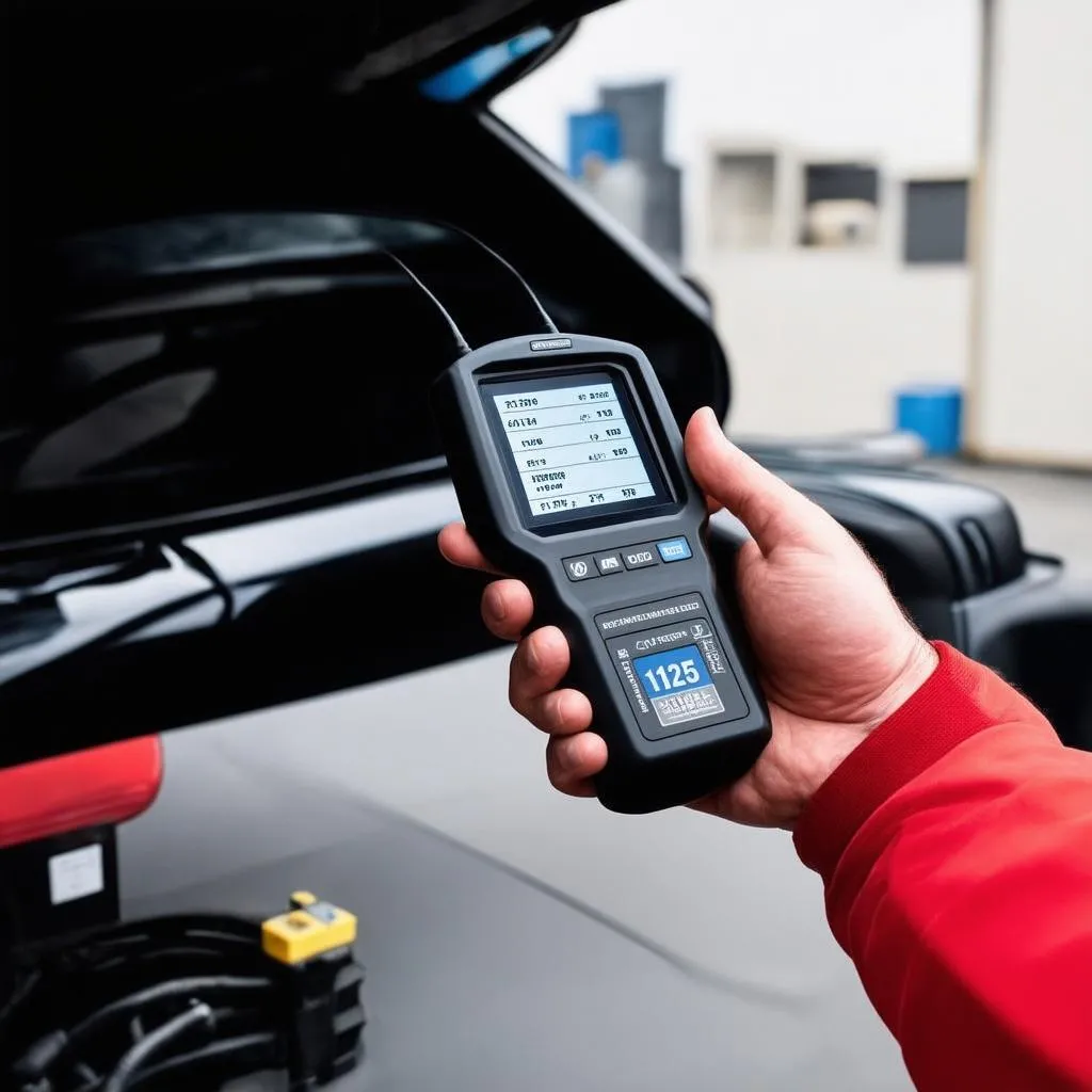 A mechanic using a professional OBD scanner on a car in a garage