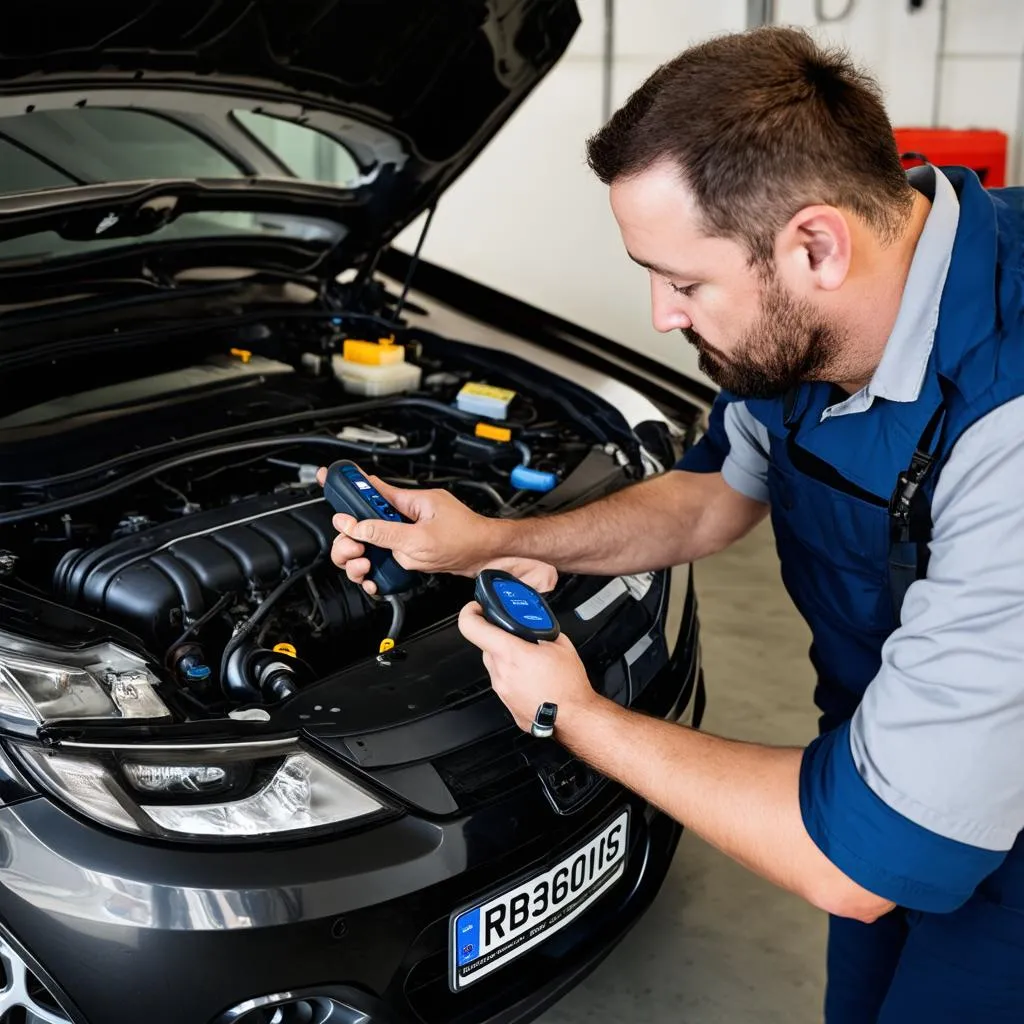 Mechanic Using OBD Scanner on Car