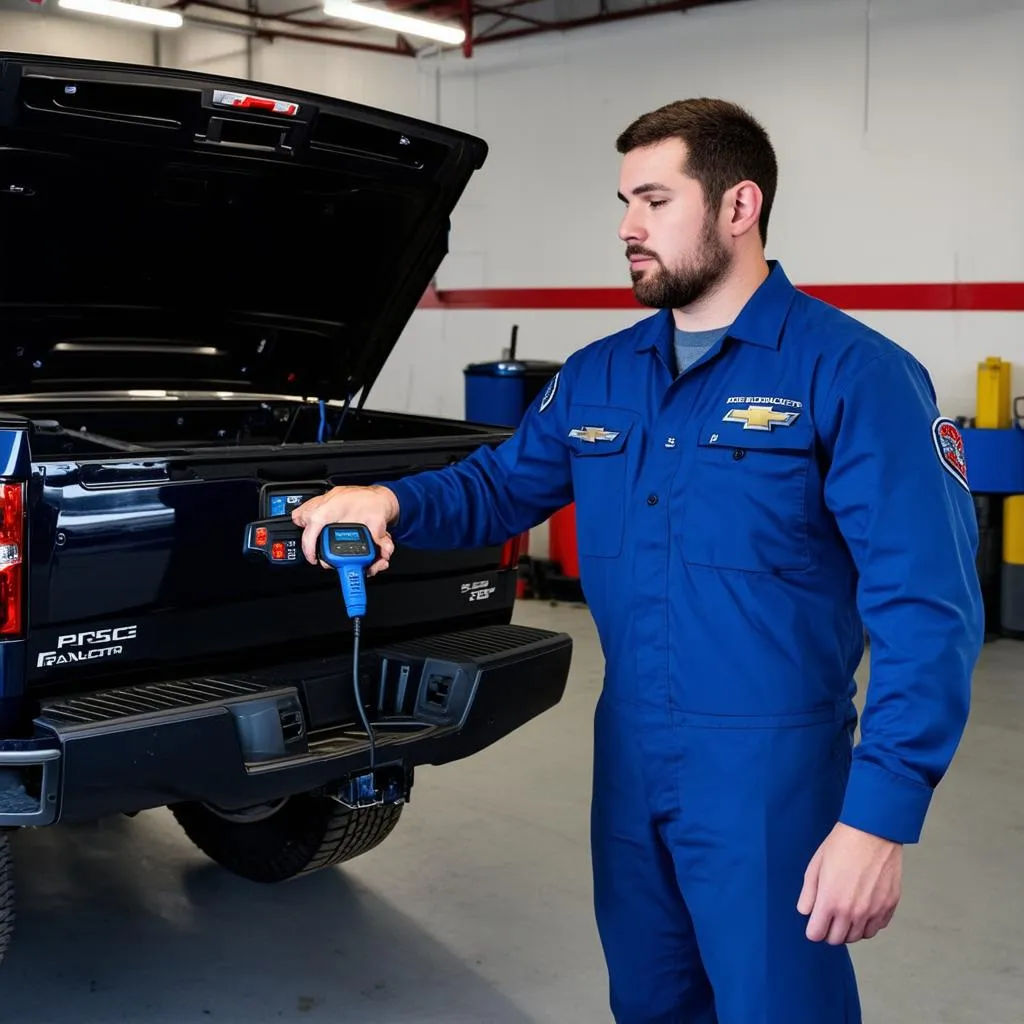 mechanic checking obd port on chevrolet silverado