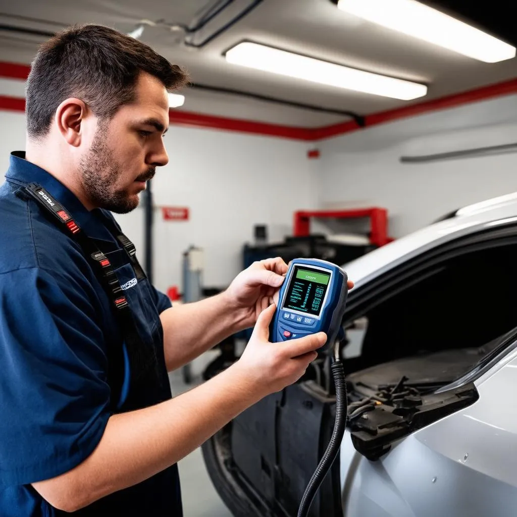 Mechanic using OBD Scanner on Chrysler