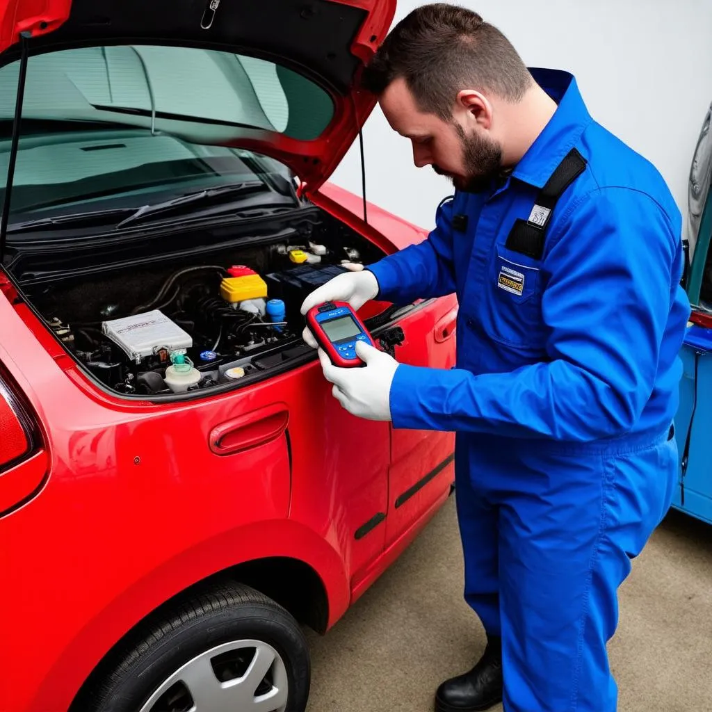 Mechanic Using OBD Scanner on Citroën C2