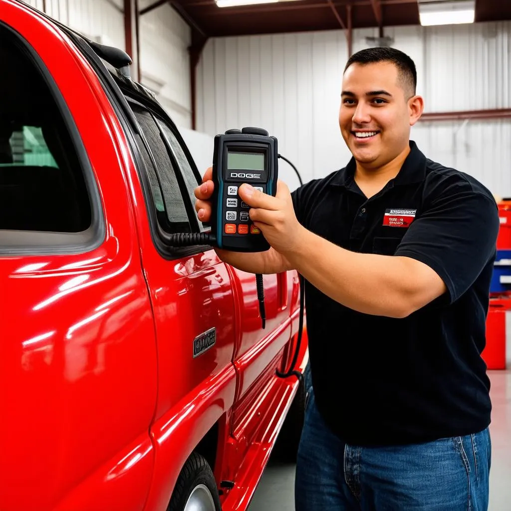 Mechanic Using OBD Scanner on Dodge Dakota