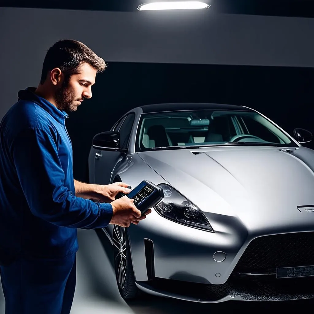 Mechanic Using OBD Scanner on a European Car