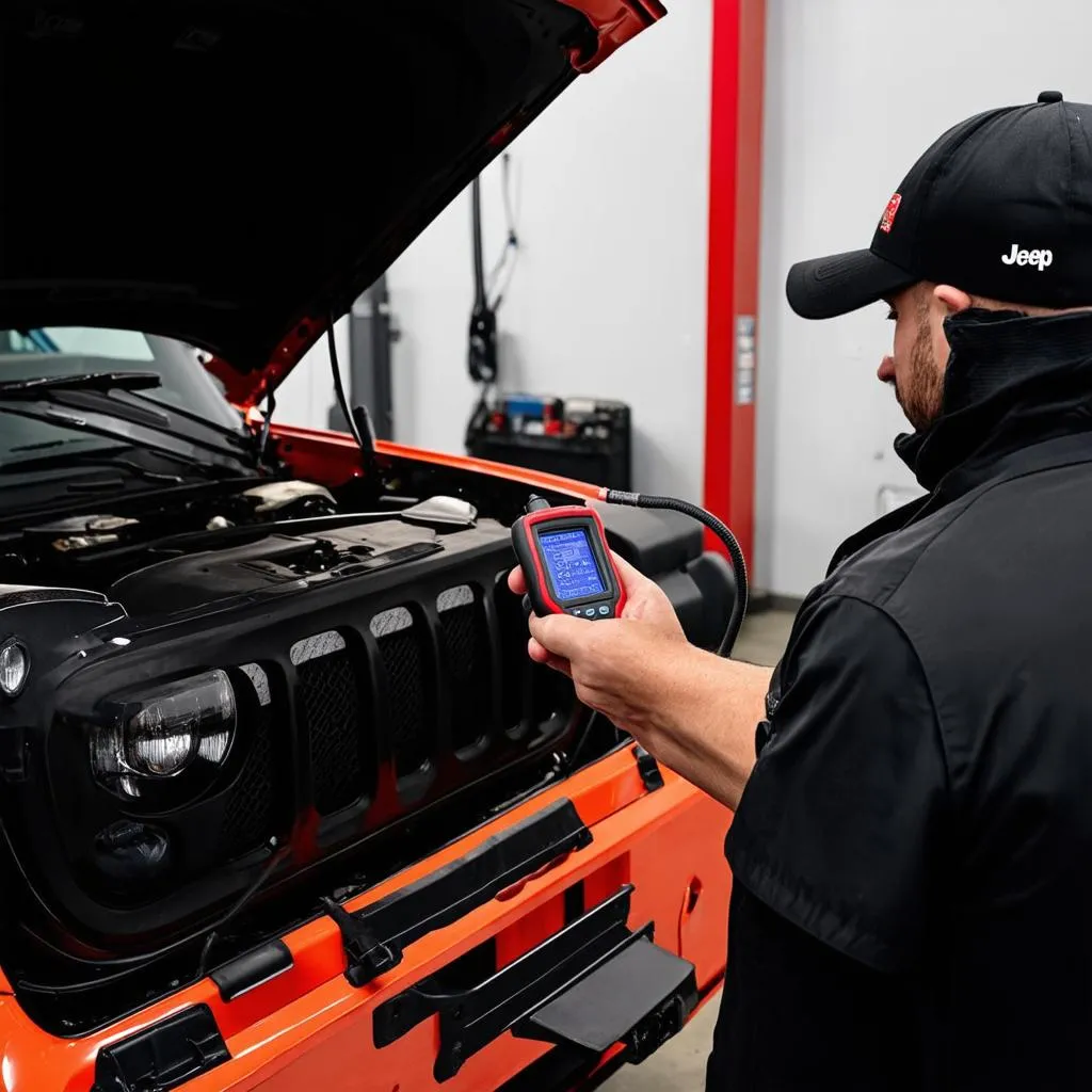 Mechanic using OBD scanner on a Jeep