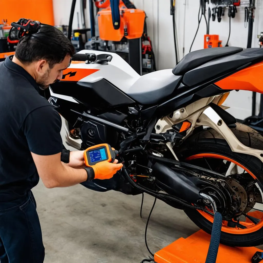 Mechanic using OBD Scanner on KTM Duke