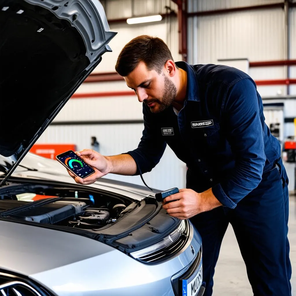 Mechanic using OBD scanner with a phone