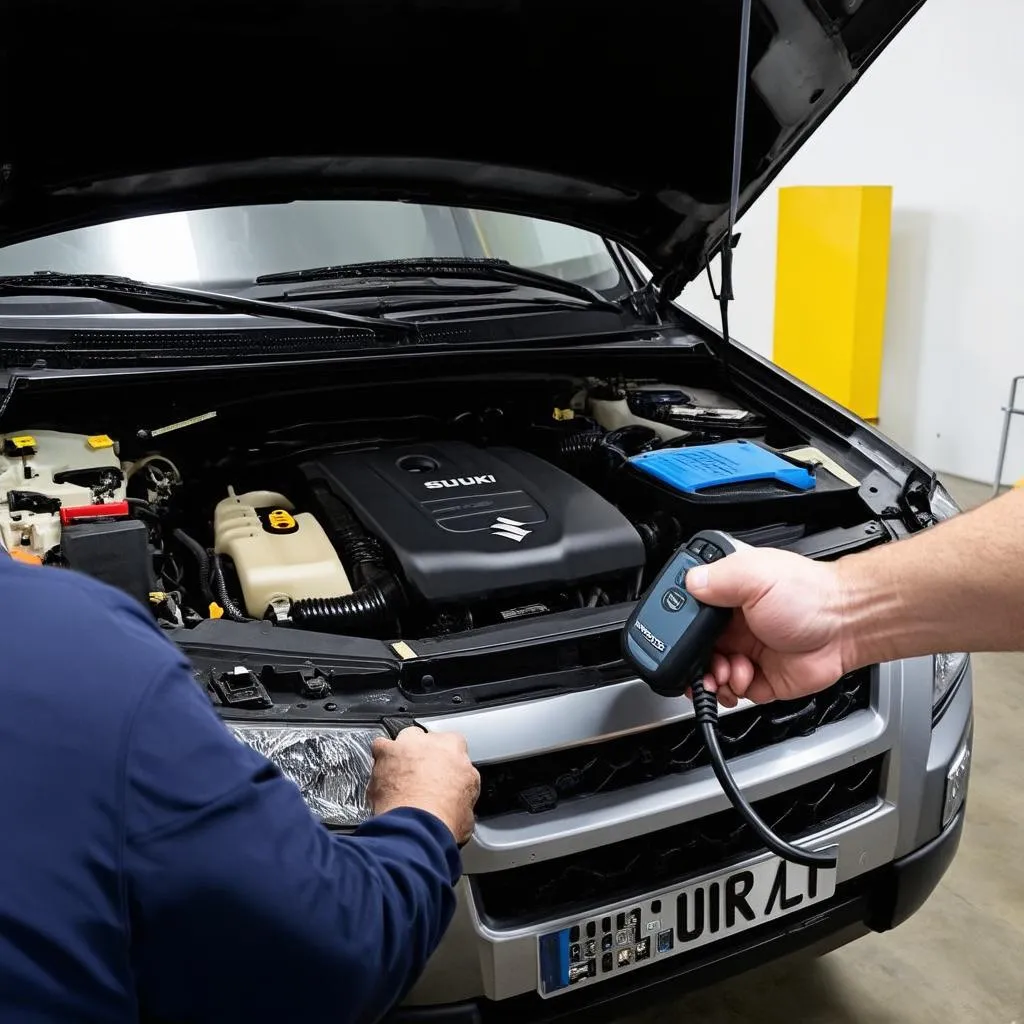 Mechanic Using OBD Scanner on Suzuki Grand Vitara