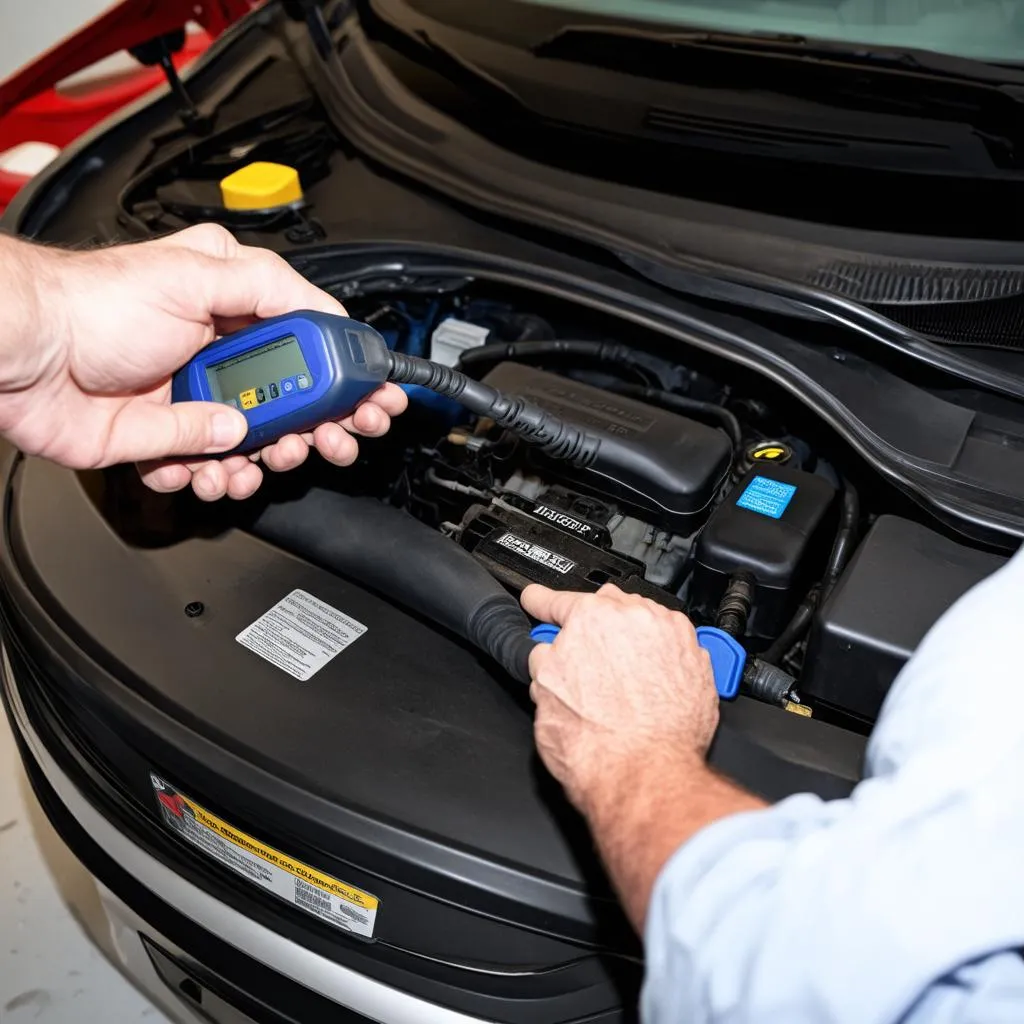 Mechanic Using OBD Scanner on VW Golf