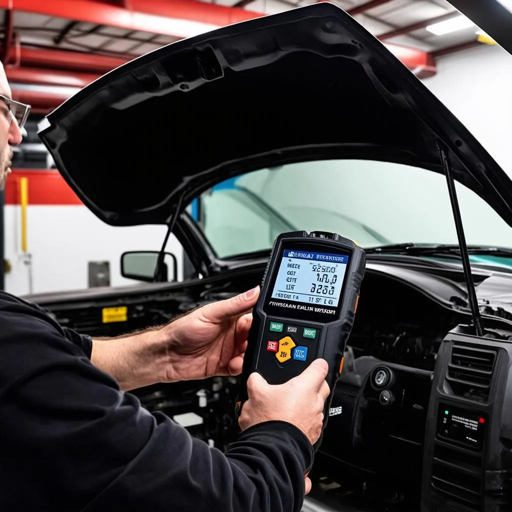 Mechanic Using OBD Scanner on Nissan Pathfinder