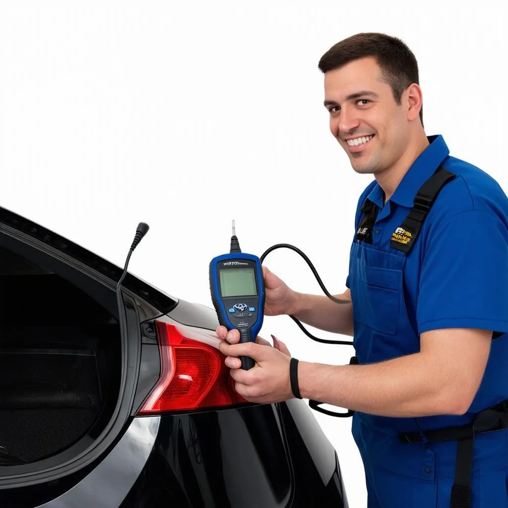 Mechanic Using OBD Scanner on Prius