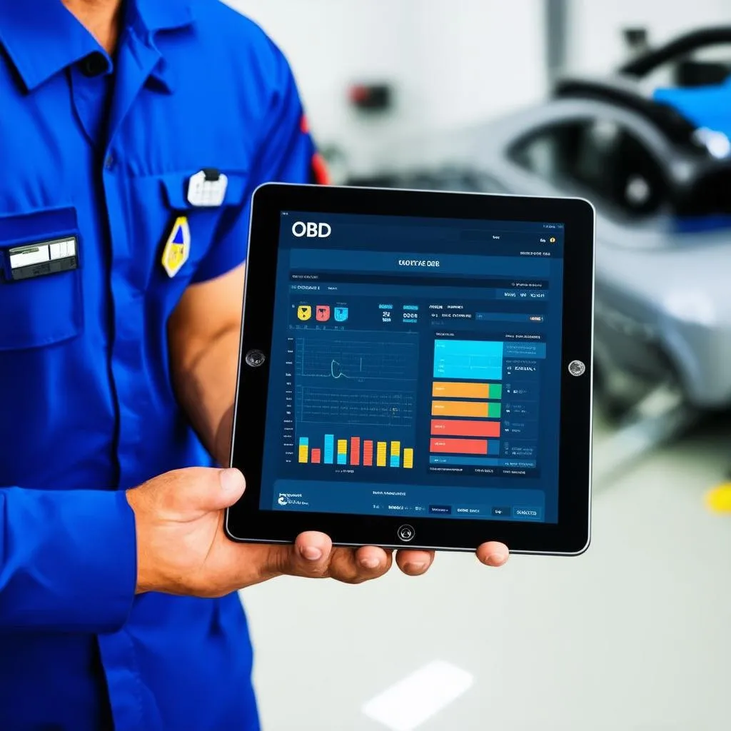 Mechanic using a tablet with OBD software