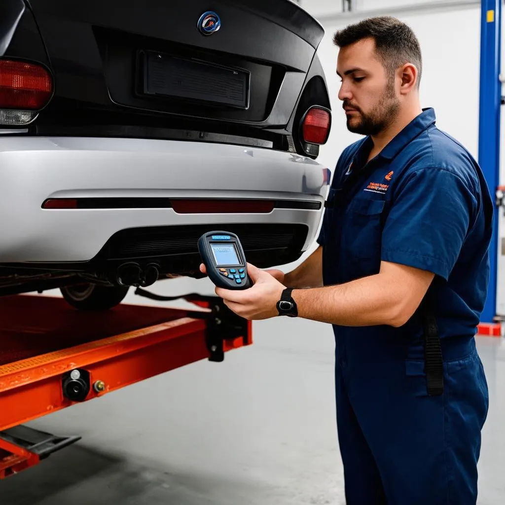 Mechanic diagnosing a car with an OBD2 scanner