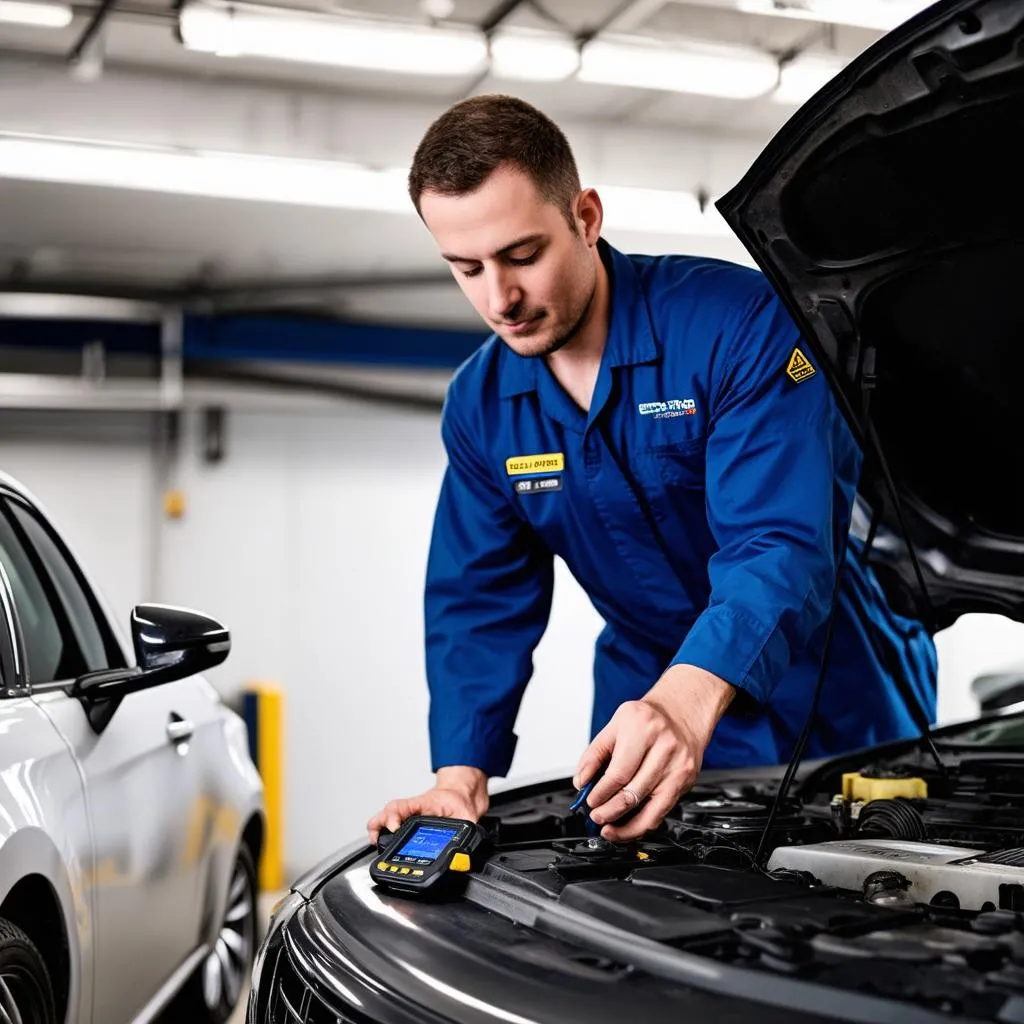 Mechanic using an OBD2 scanner on a car