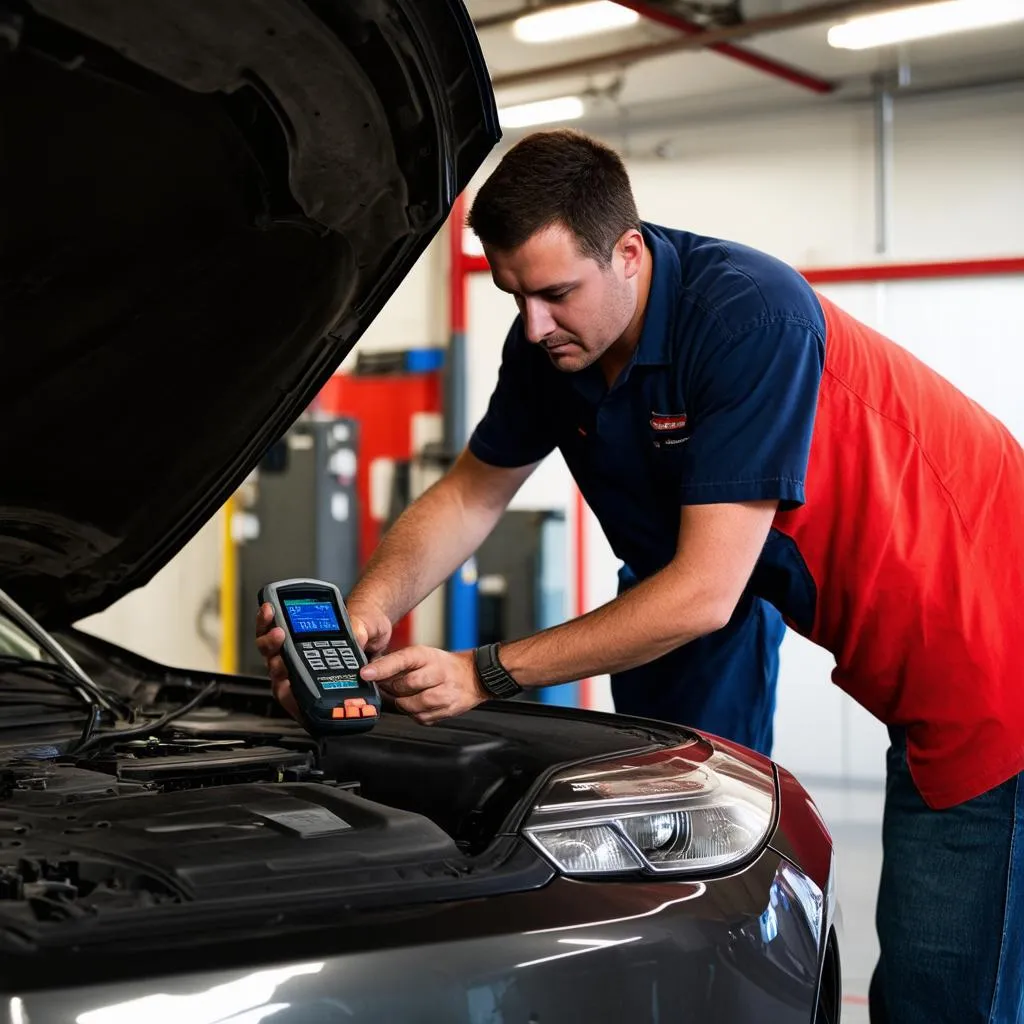 Mechanic Using OBD2 Scanner on a 2008 Vehicle