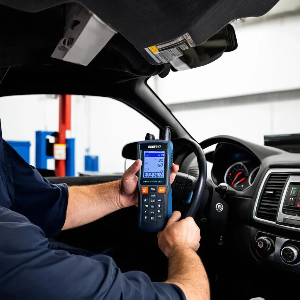 Mechanic Using OBD2 Scanner on European Car