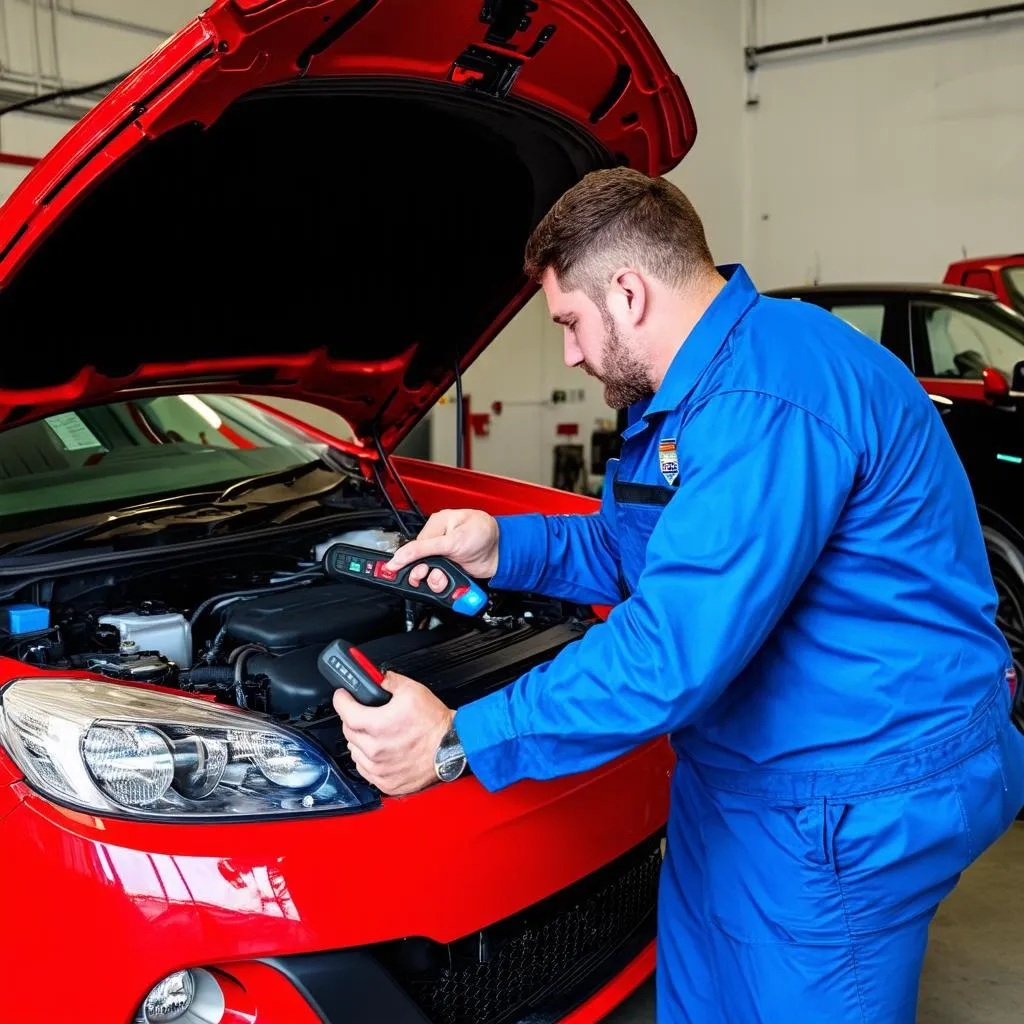 Mechanic Using OBD2 Scanner