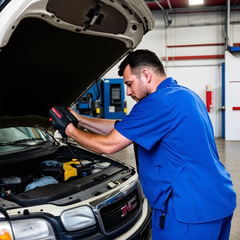 Mechanic Plugging OBD2 Scanner into 2004 GMC Envoy