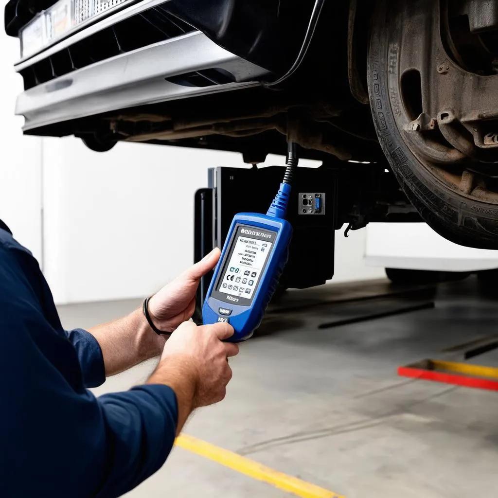 Mechanic connecting a diagnostic scanner