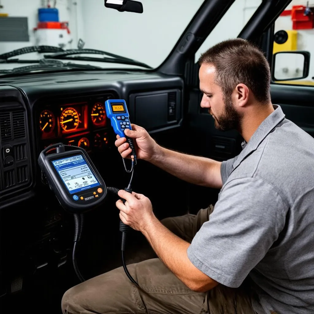 Mechanic Using Scanner on Truck