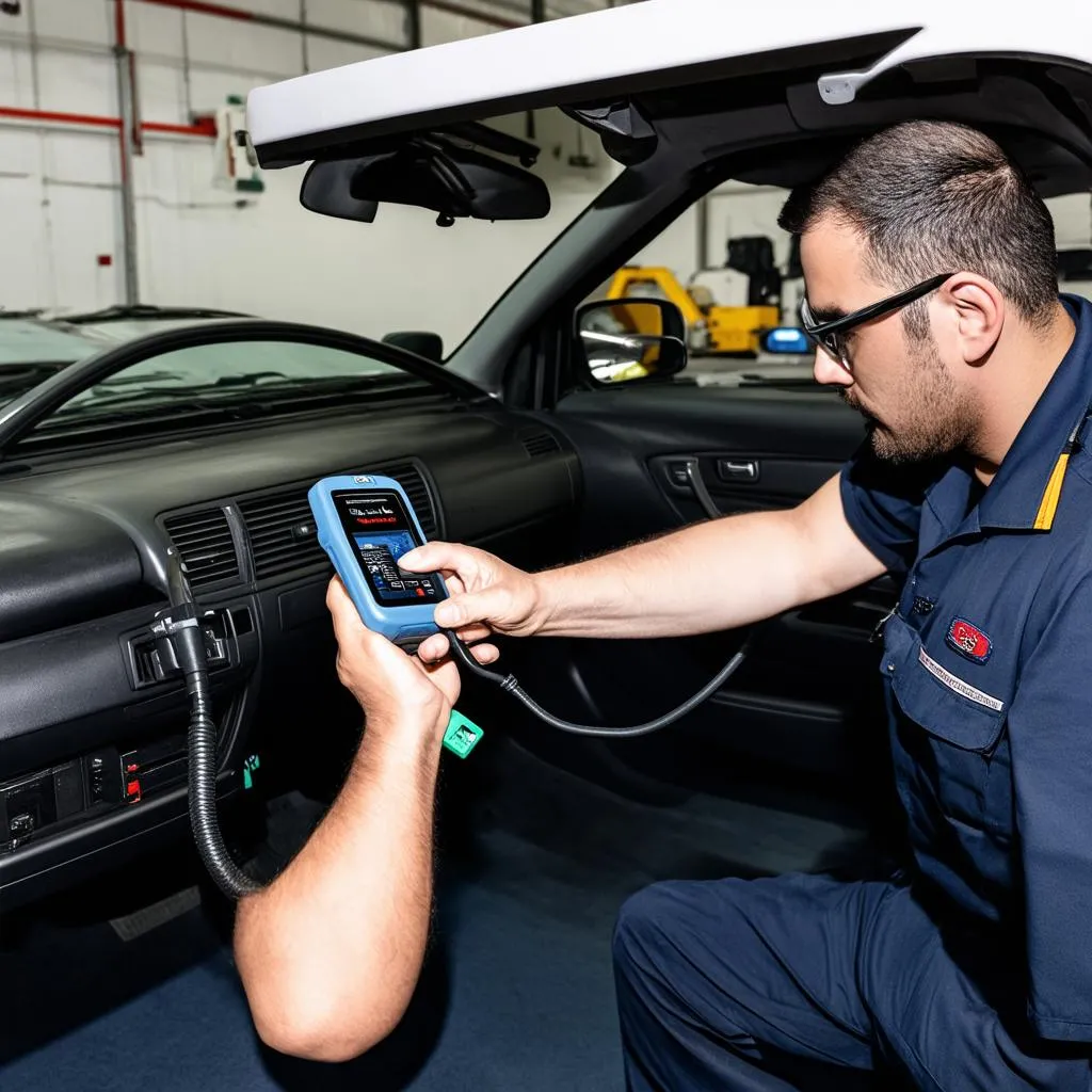 Mechanic Using OBD Scanner on Audi A6