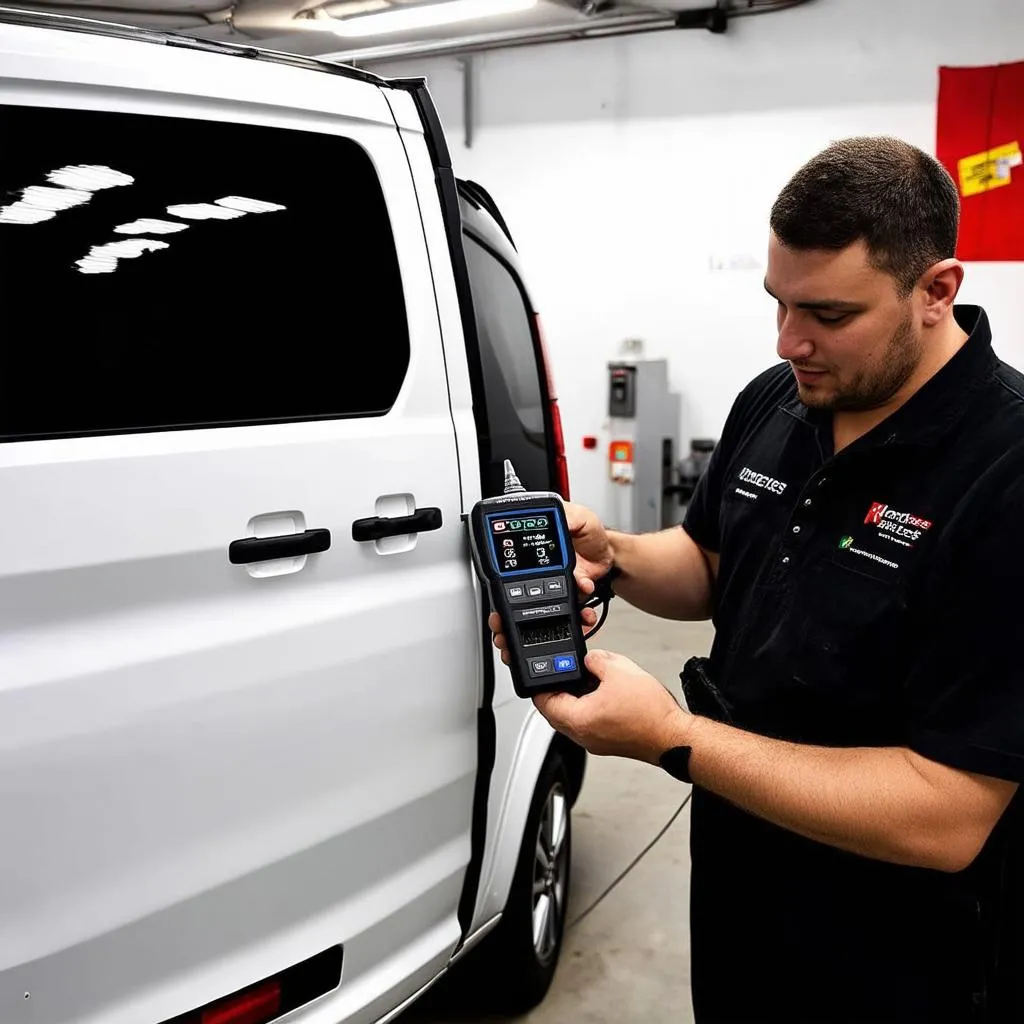 Mechanic Using OBD Scanner on Mercedes Vito