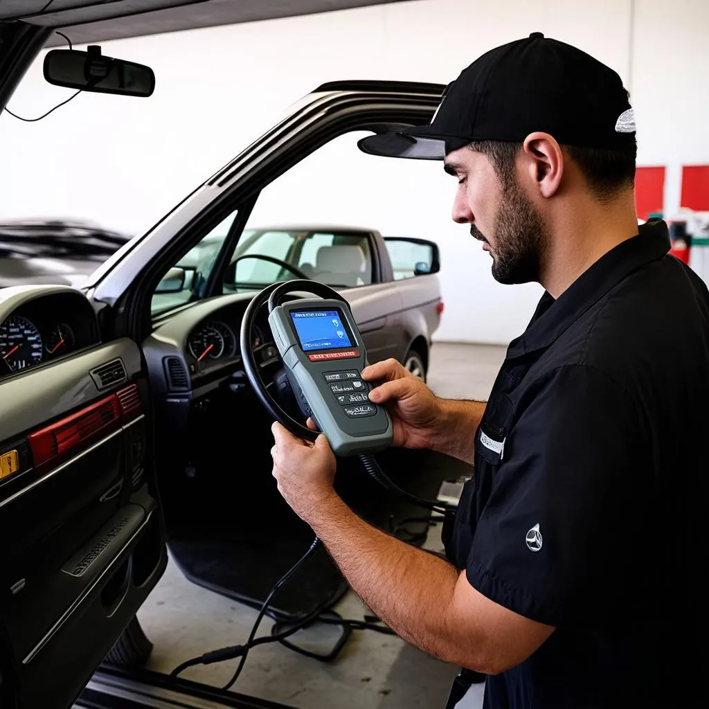 Mechanic Using OBD Scanner on Mercedes