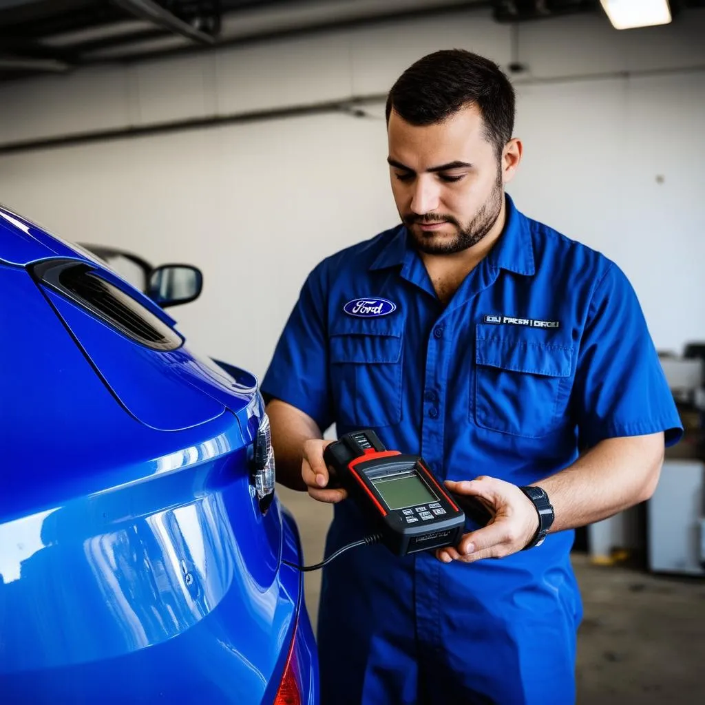 Mechanic Diagnosing a Ford Focus